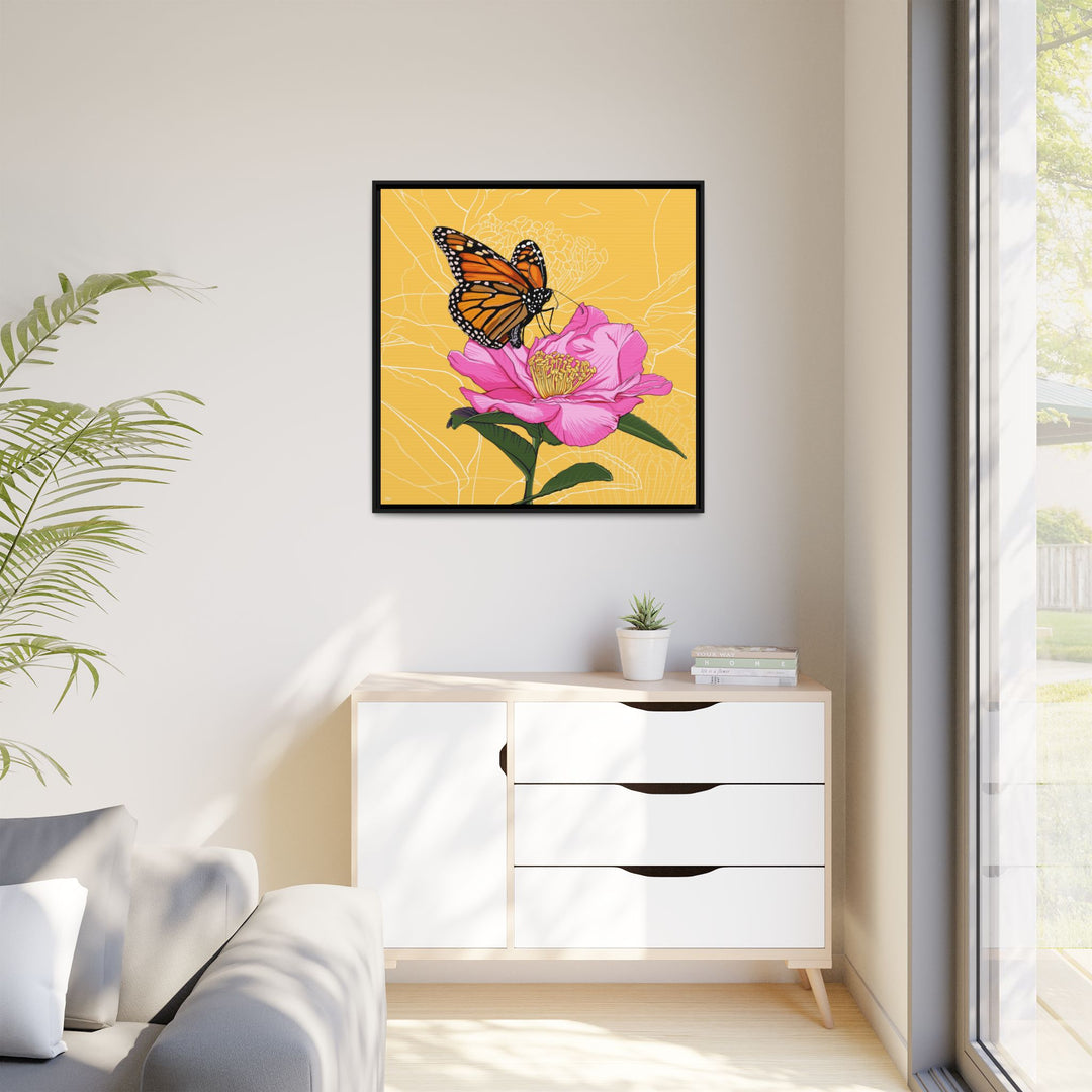 Alabama State Flower + Insect: Monarch Butterfly on Pink Camellia — Framed Canvas Print Wall Art