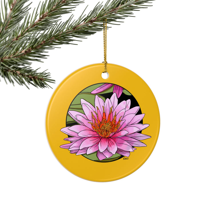 Pink Water Lily Ceramic Ornament — Double-Sided Holiday Decor