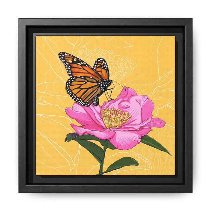 Alabama State Flower + Insect: Monarch Butterfly on Pink Camellia — Framed Canvas Print Wall Art