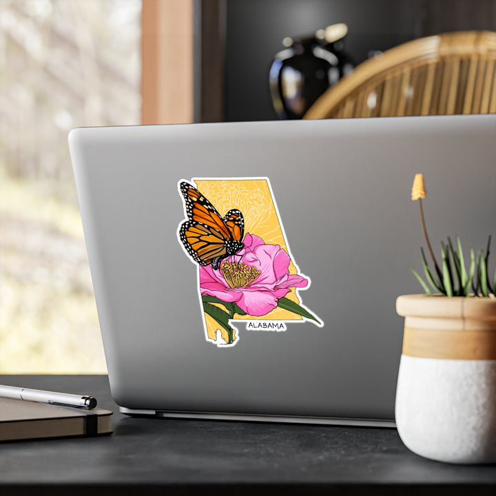 Alabama State Flowers + Insects Sticker — Monarch Butterfly + Camellia  — Kiss-Cut Vinyl Decal