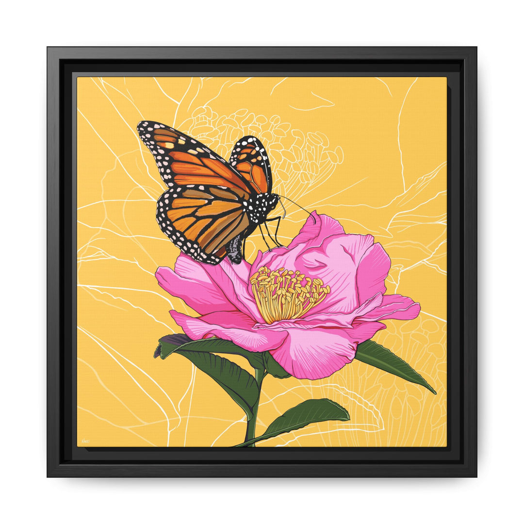 Alabama State Flower + Insect: Monarch Butterfly on Pink Camellia — Framed Canvas Print Wall Art
