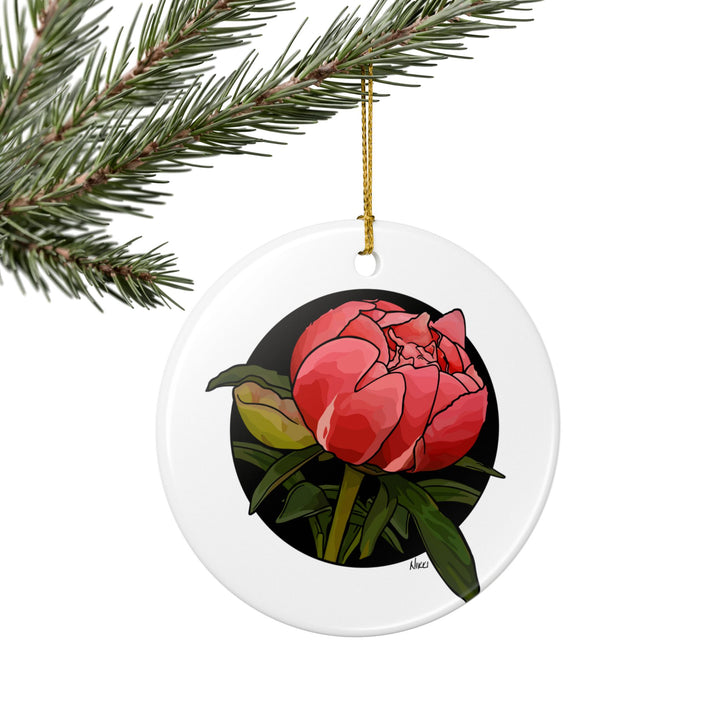 Peony Bud Ceramic Ornament — Two-Sided Floral Holiday Decoration