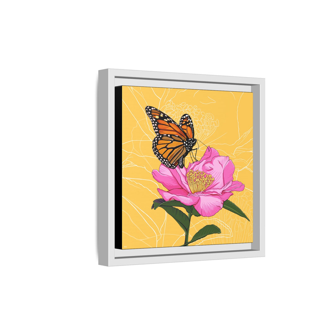 Alabama State Flower + Insect: Monarch Butterfly on Pink Camellia — Framed Canvas Print Wall Art