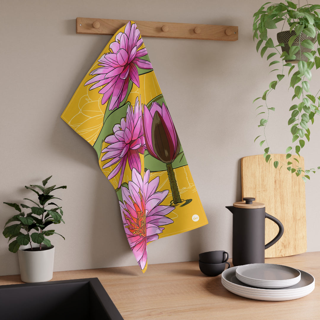 Pink Waterlilies Cotton Tea Towel — July Birth Month Flower Kitchen Towel