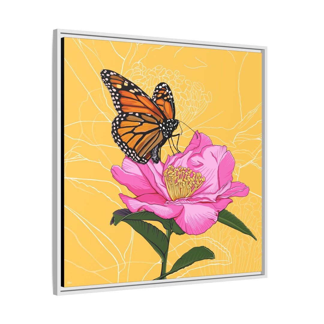 Alabama State Flower + Insect: Monarch Butterfly on Pink Camellia — Framed Canvas Print Wall Art