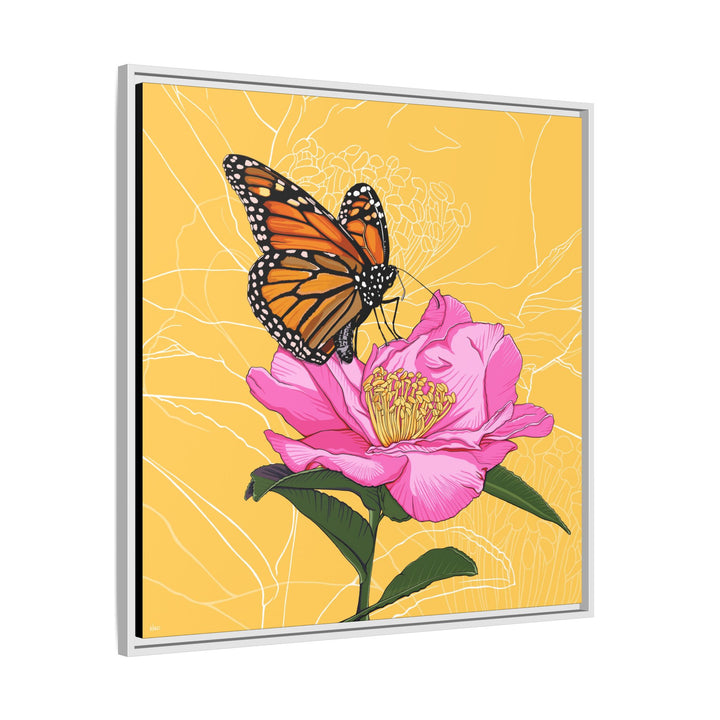 Alabama State Flower + Insect: Monarch Butterfly on Pink Camellia — Framed Canvas Print Wall Art
