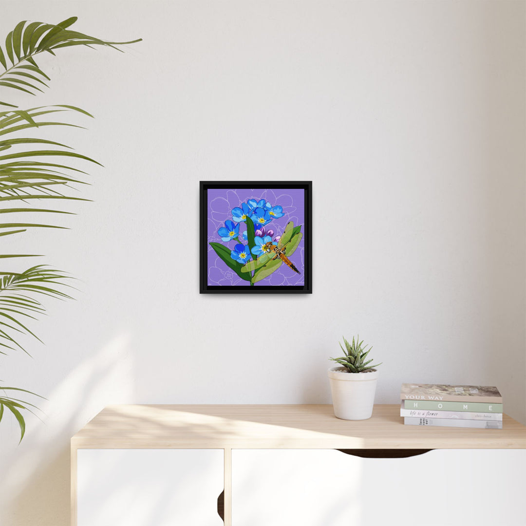 Alaska State Flower + Insect: Forget Me Not + Four-spot Skimmer Dragonfly — Framed Canvas Print Wall Art