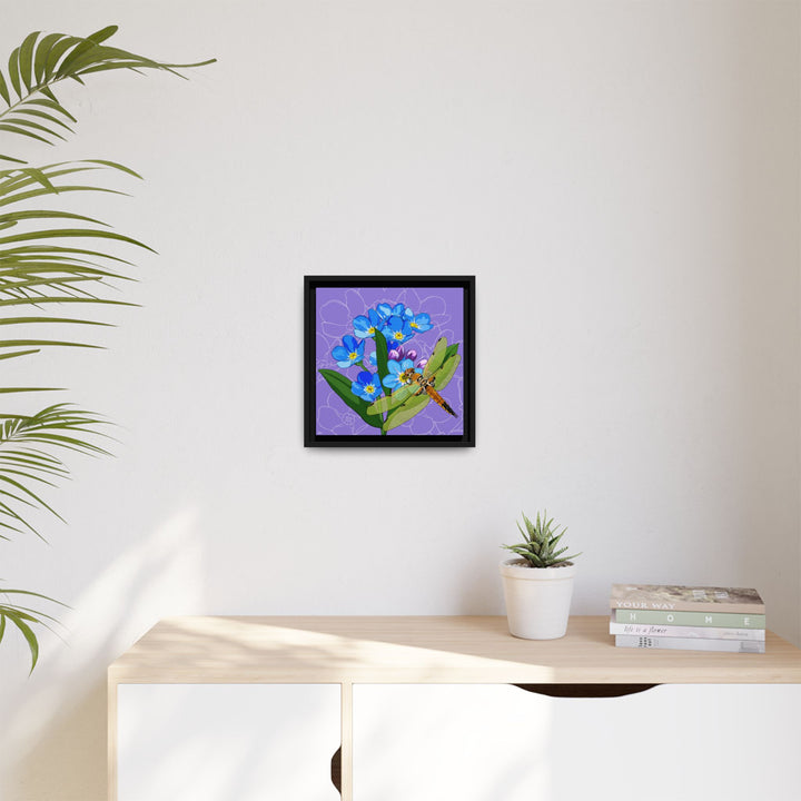 Alaska State Flower + Insect: Forget Me Not + Four-spot Skimmer Dragonfly — Framed Canvas Print Wall Art