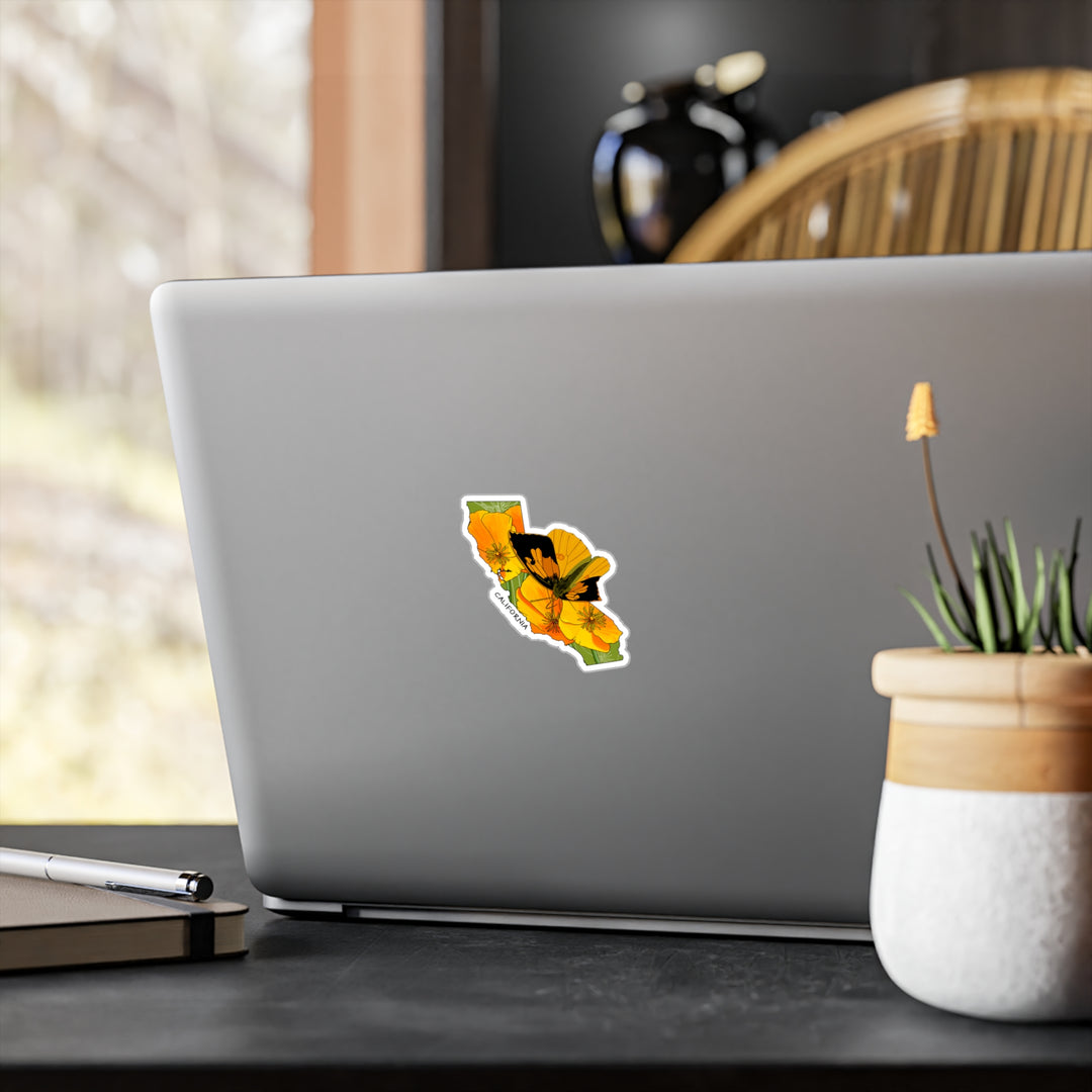 California State Flower + Insect Sticker — California Poppy  + California Dogface Butterfly — Kiss-Cut Vinyl Decal