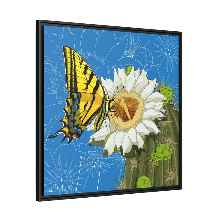 Arizona State Flower + Insect: Saguaro Cactus Blossom + Two-tailed Swallowtail Butterfly — Framed Canvas Print Wall Art