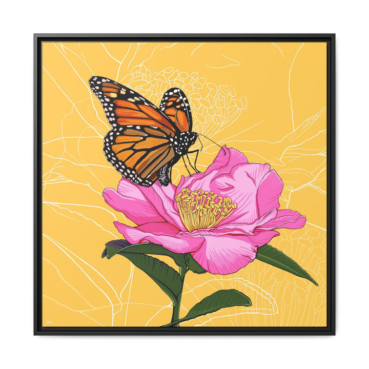 Alabama State Flower + Insect: Monarch Butterfly on Pink Camellia — Framed Canvas Print Wall Art