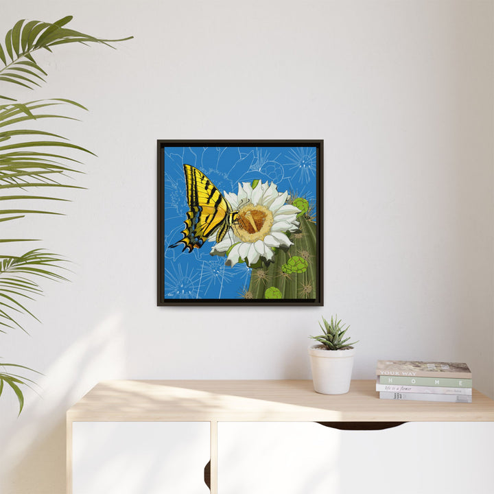 Arizona State Flower + Insect: Saguaro Cactus Blossom + Two-tailed Swallowtail Butterfly — Framed Canvas Print Wall Art