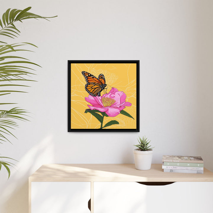 Alabama State Flower + Insect: Monarch Butterfly on Pink Camellia — Framed Canvas Print Wall Art