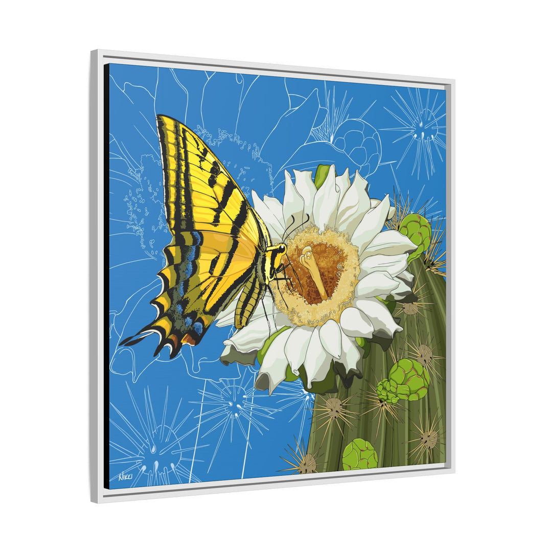 Arizona State Flower + Insect: Saguaro Cactus Blossom + Two-tailed Swallowtail Butterfly — Framed Canvas Print Wall Art