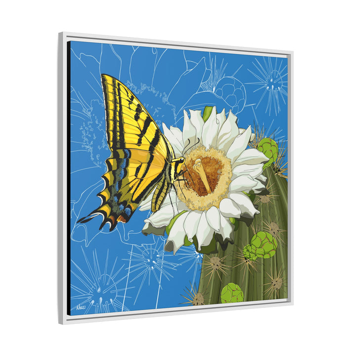 Arizona State Flower + Insect: Saguaro Cactus Blossom + Two-tailed Swallowtail Butterfly — Framed Canvas Print Wall Art