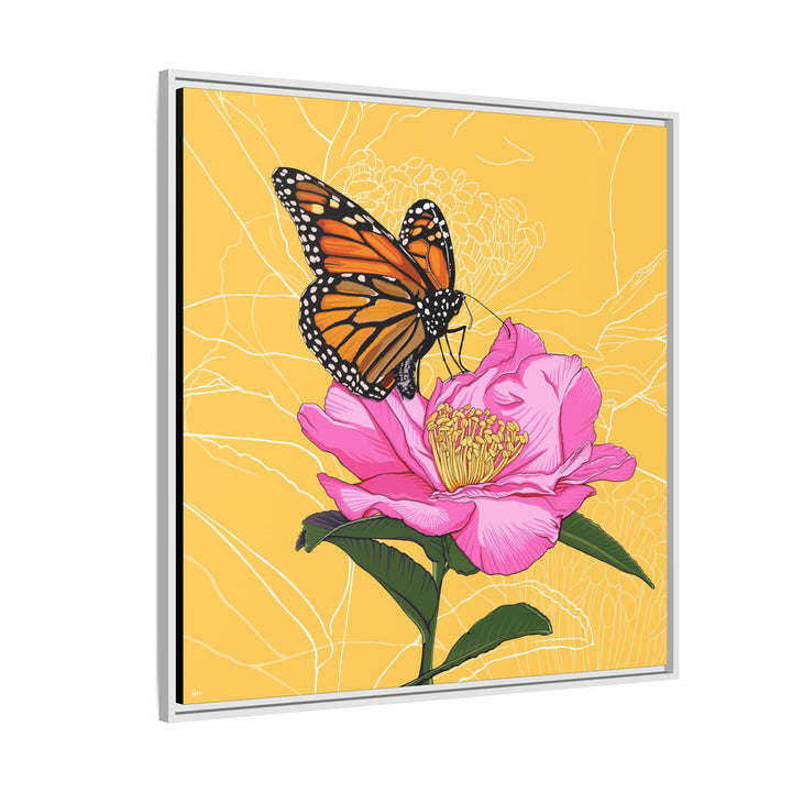 Alabama State Flower + Insect: Monarch Butterfly on Pink Camellia — Framed Canvas Print Wall Art