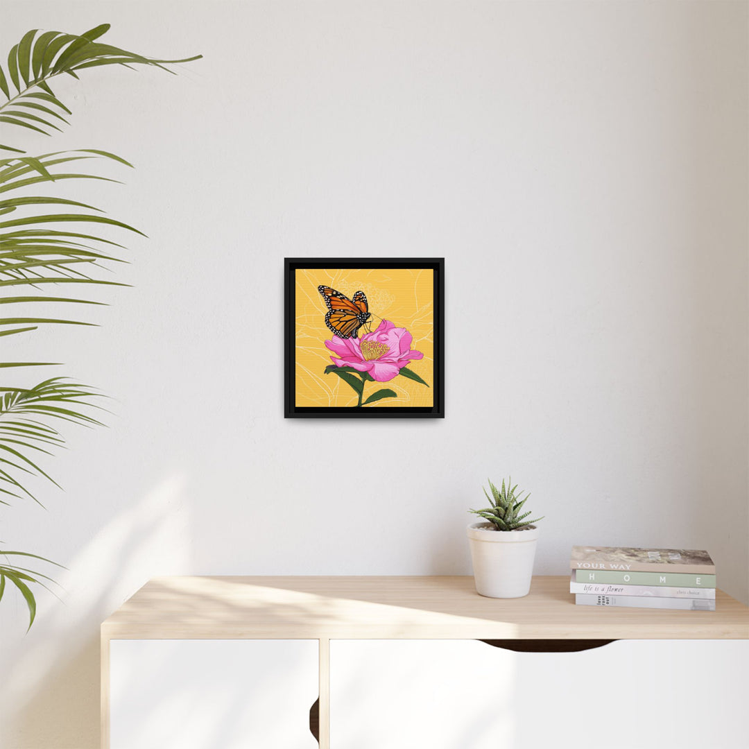 Alabama State Flower + Insect: Monarch Butterfly on Pink Camellia — Framed Canvas Print Wall Art