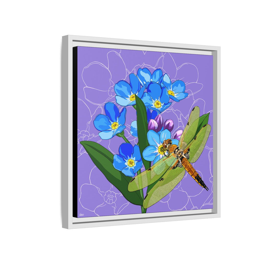 Alaska State Flower + Insect: Forget Me Not + Four-spot Skimmer Dragonfly — Framed Canvas Print Wall Art