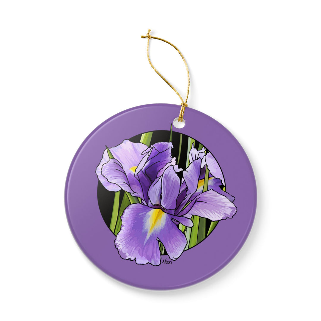 Purple Iris Ceramic Ornament — Double-Sided Floral Holiday Decoration