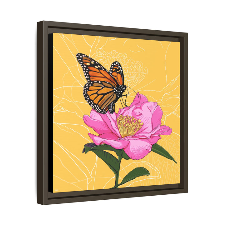 Alabama State Flower + Insect: Monarch Butterfly on Pink Camellia — Framed Canvas Print Wall Art