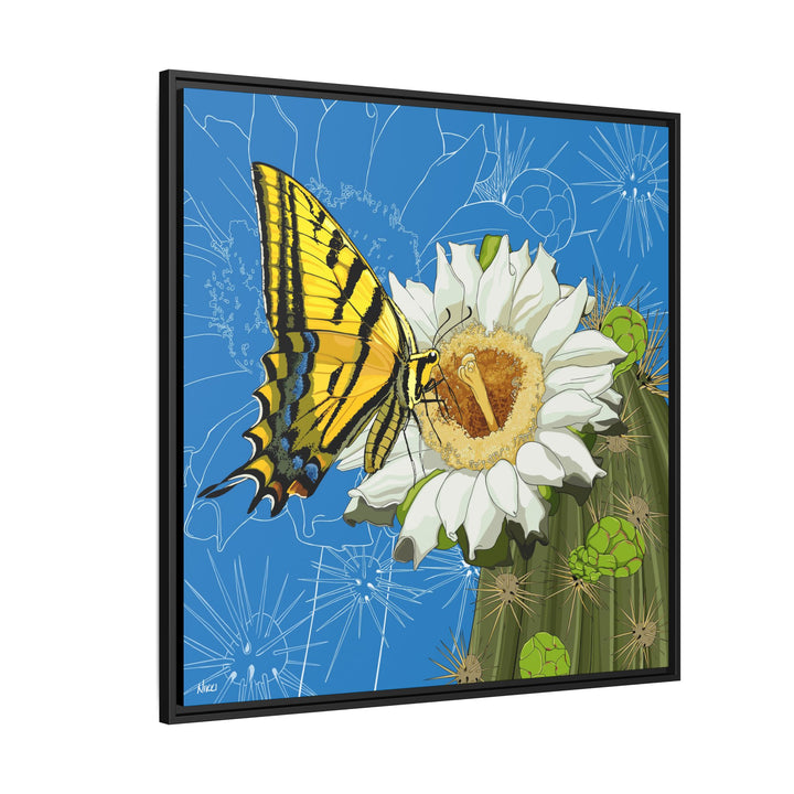 Arizona State Flower + Insect: Saguaro Cactus Blossom + Two-tailed Swallowtail Butterfly — Framed Canvas Print Wall Art