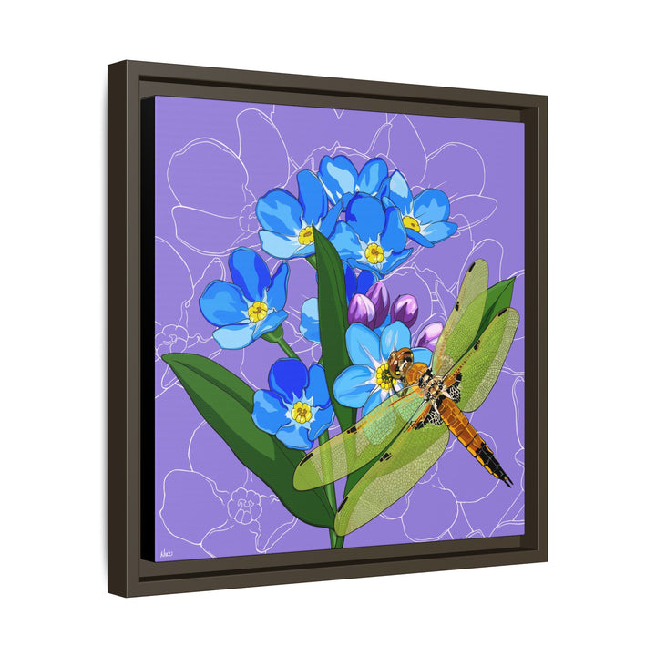 Alaska State Flower + Insect: Forget Me Not + Four-spot Skimmer Dragonfly — Framed Canvas Print Wall Art