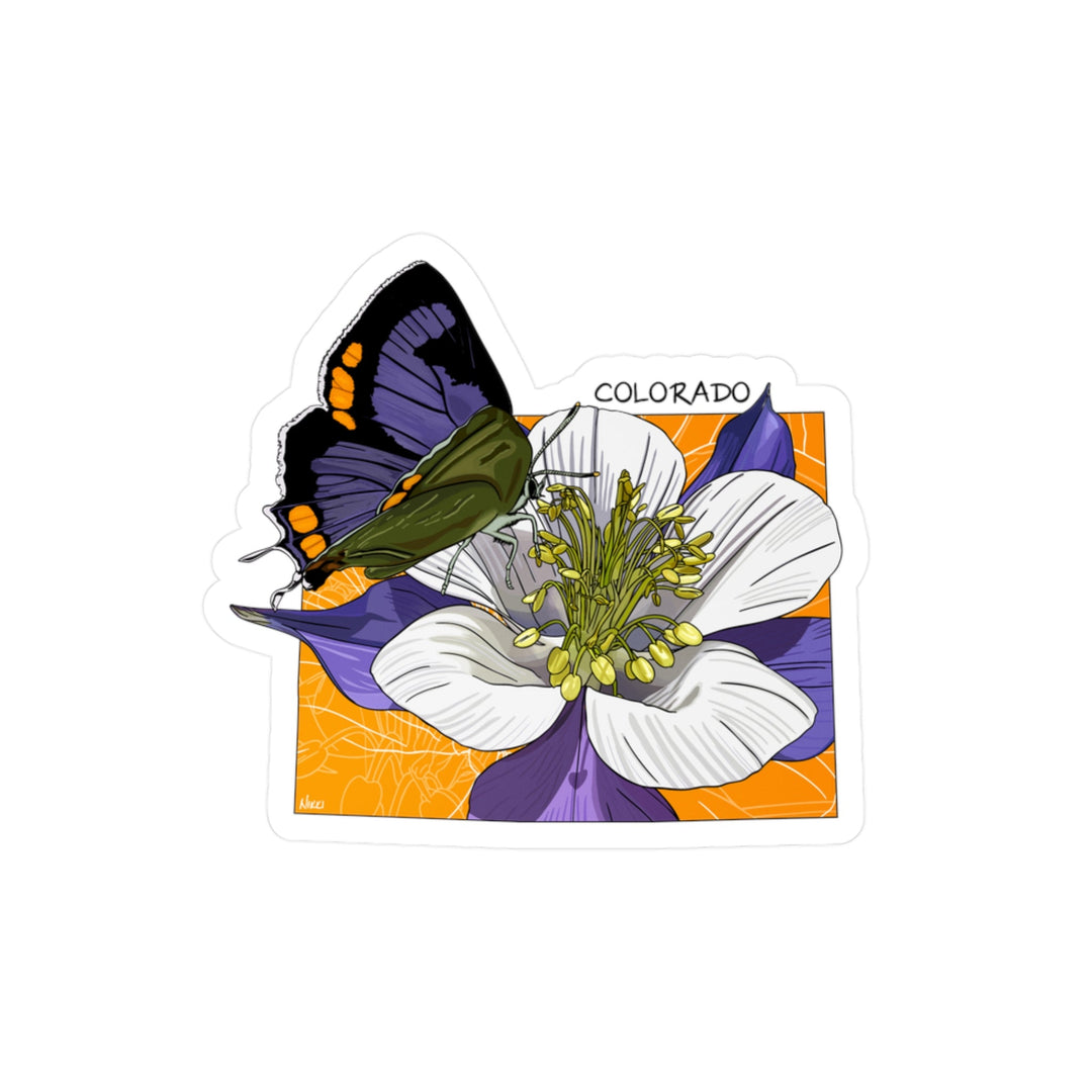 Colorado shaped sticker with a butterfly on a flower design, featuring the word 'Colorado'.