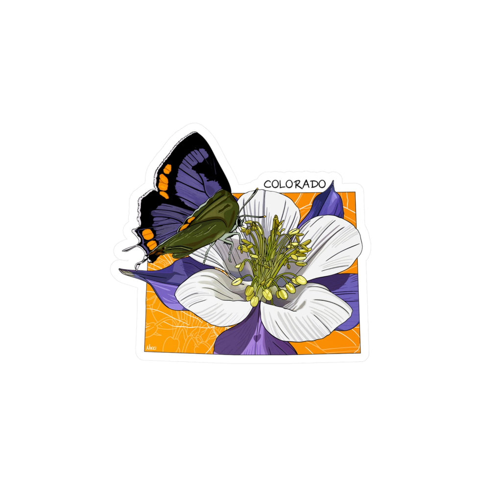 Butterfly on a flower with 'Colorado' text on a white background