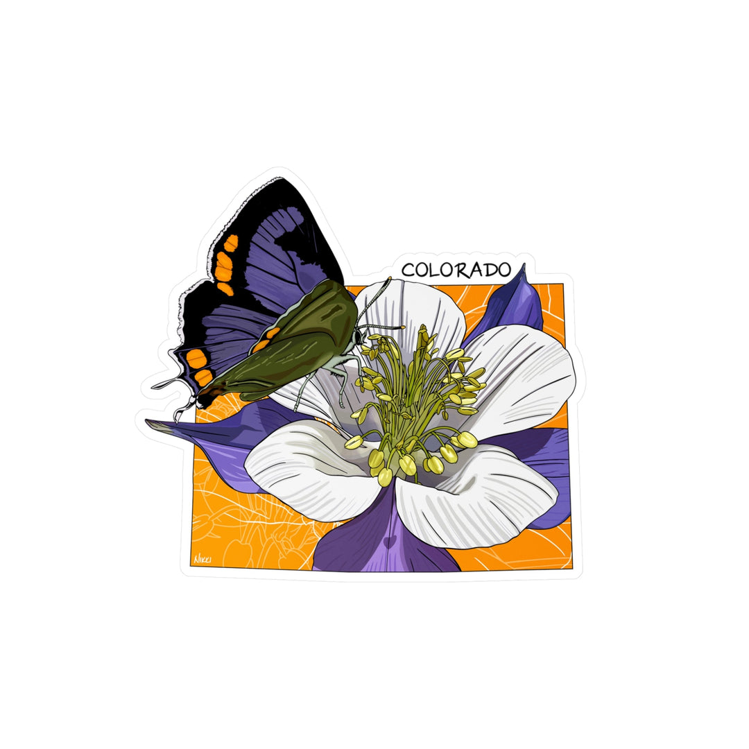 Butterfly on a flower with 'Colorado' text on an orange background