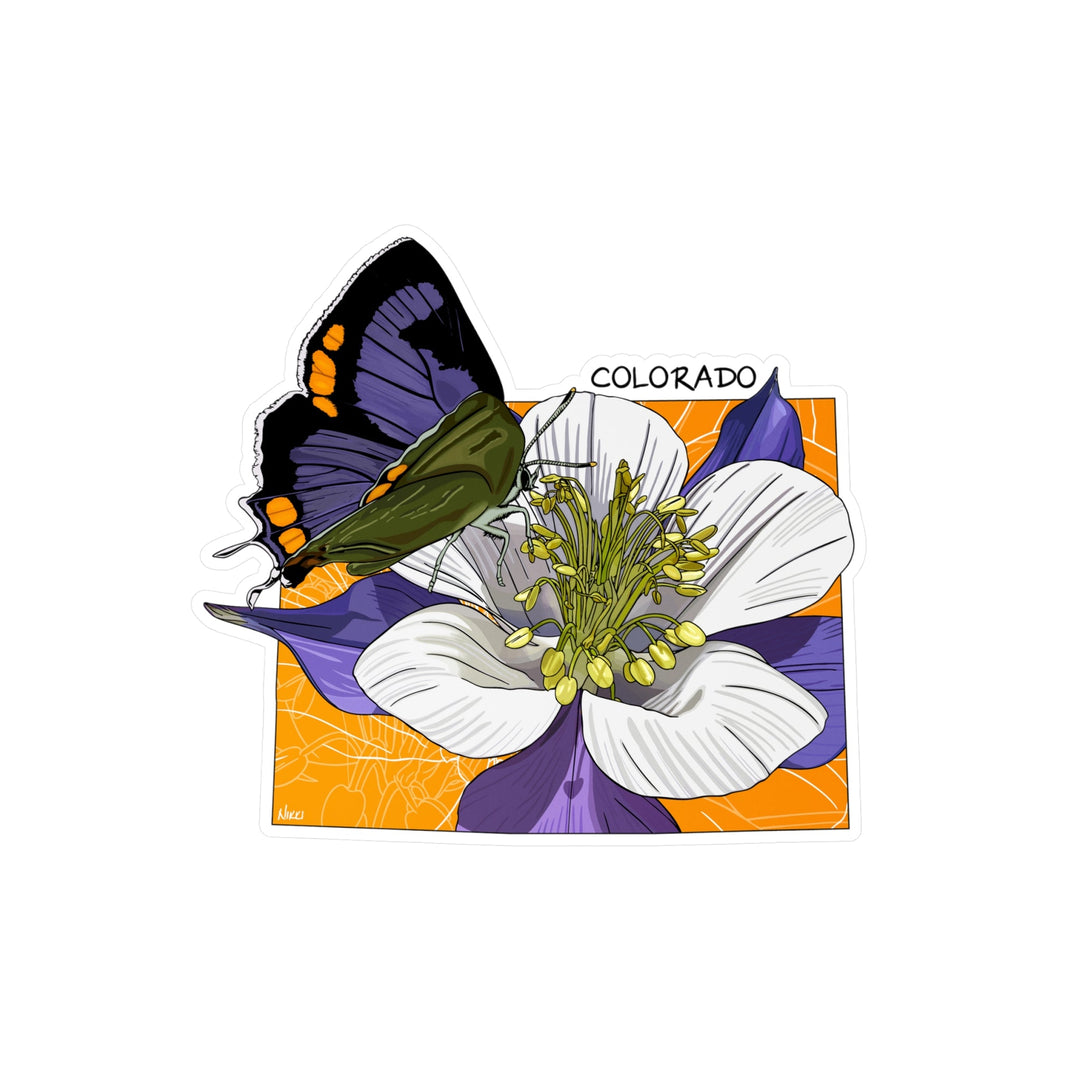 Butterfly on a flower with 'Colorado' text on an orange background