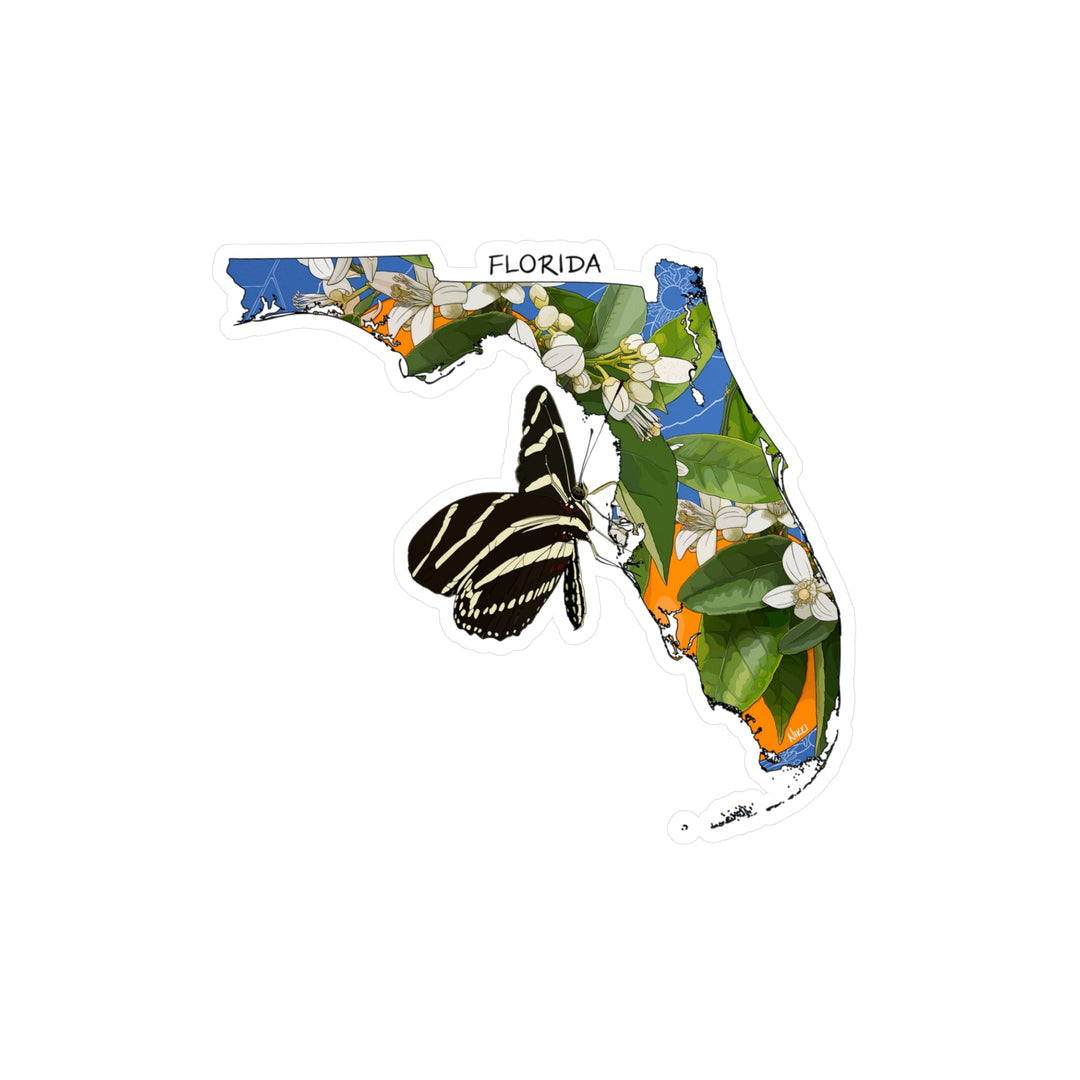 Map of Florida with butterfly and floral design on a white background