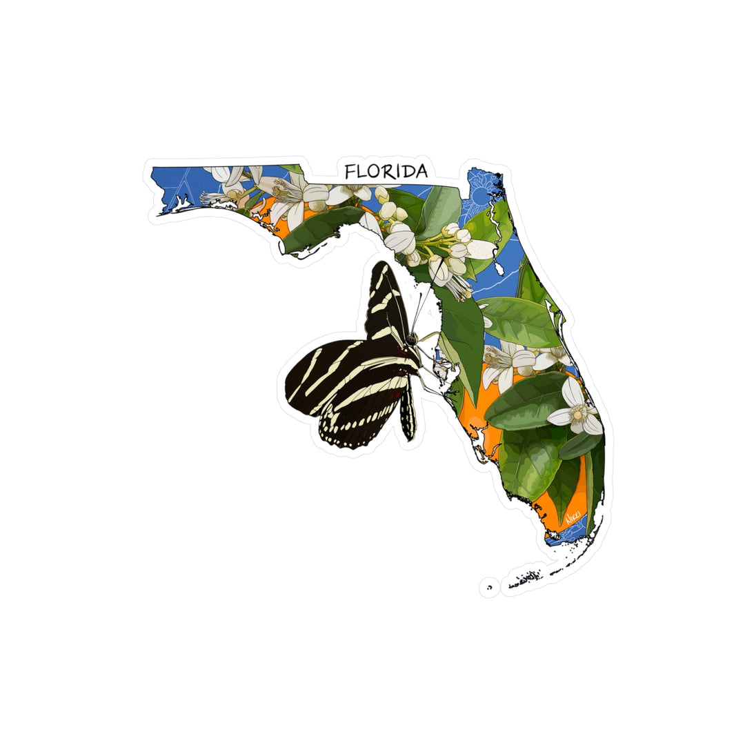 Map of Florida with floral and butterfly design on a white background
