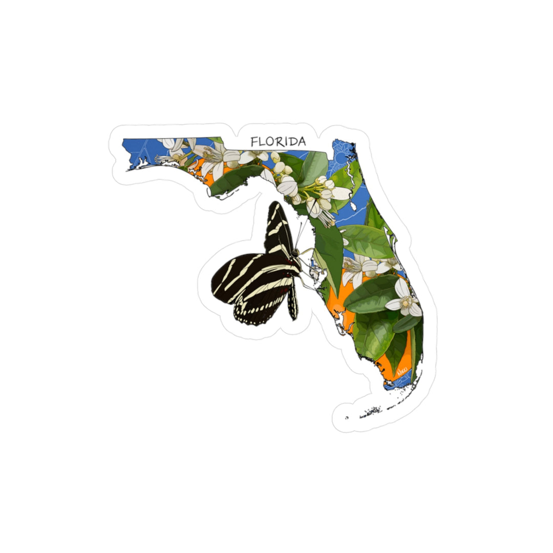 Map of Florida with floral and butterfly design on a white background