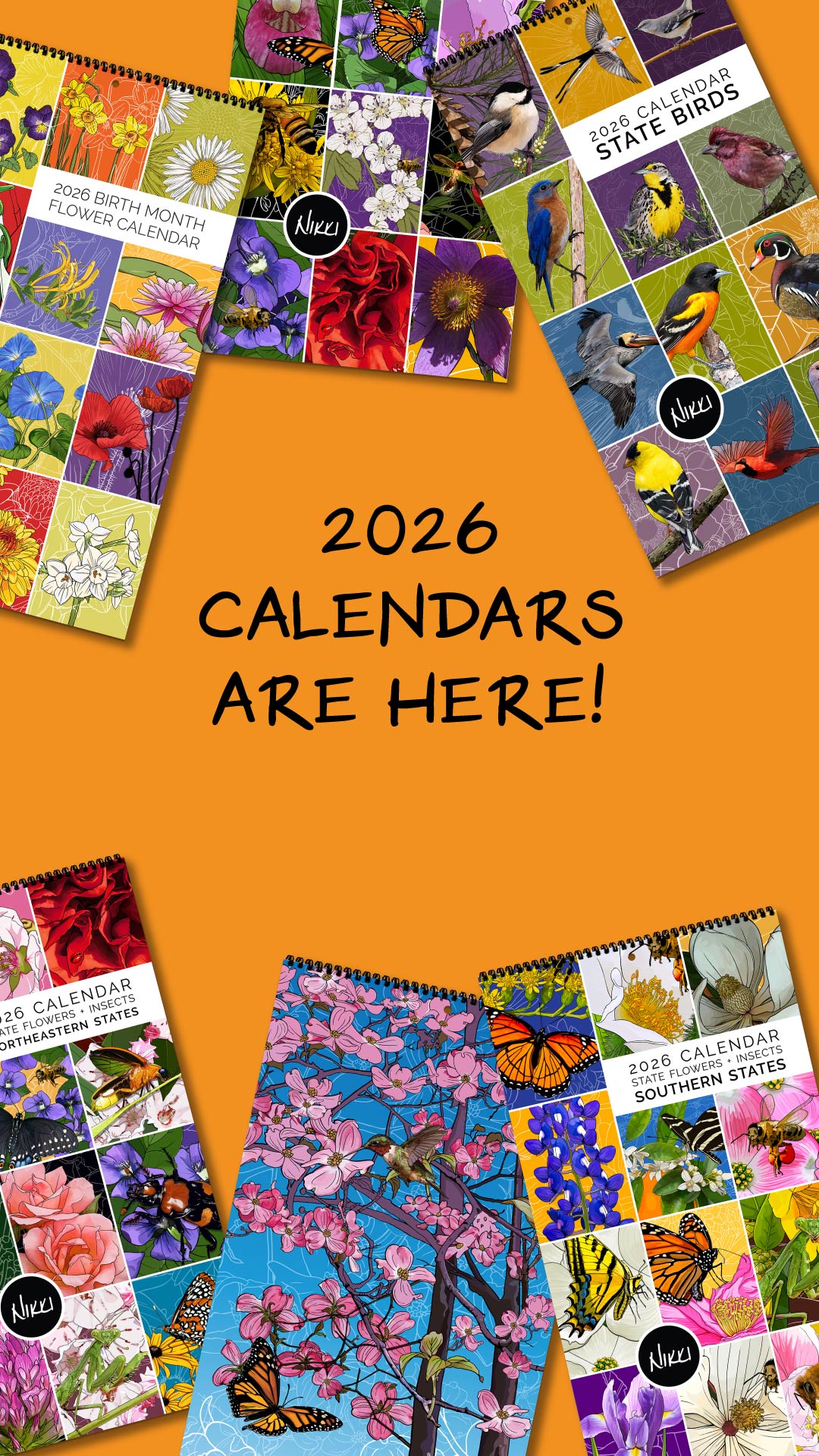 Collage of various calendars with nature-themed designs on a yellow-orange background, with text '2026 Calendars Are Here!'.