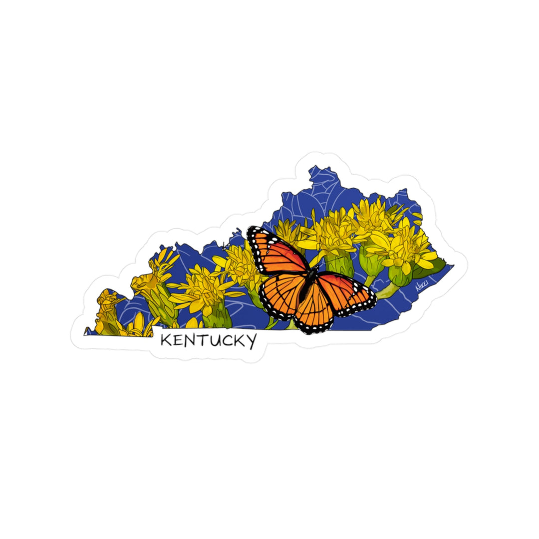 Map of Kentucky with flowers and a butterfly on a white background