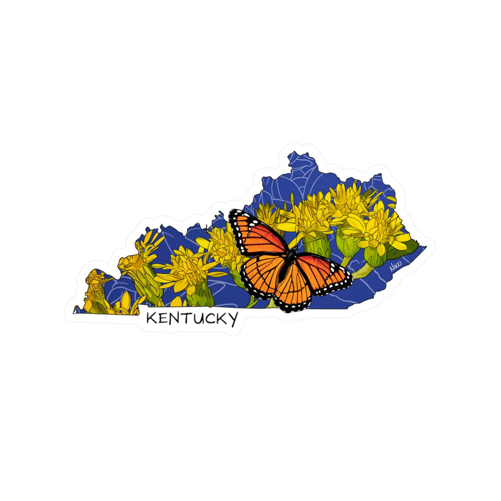 Map of Kentucky with a butterfly and flowers on a white background