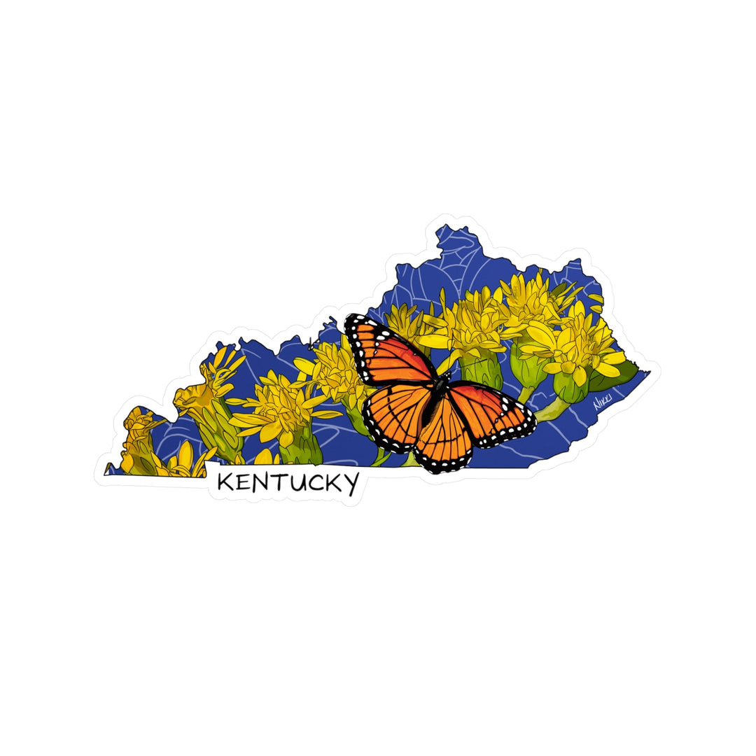 Map of Kentucky with a butterfly and flowers on a white background