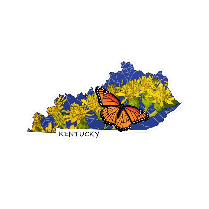 Map of Kentucky with a butterfly and flowers on a white background