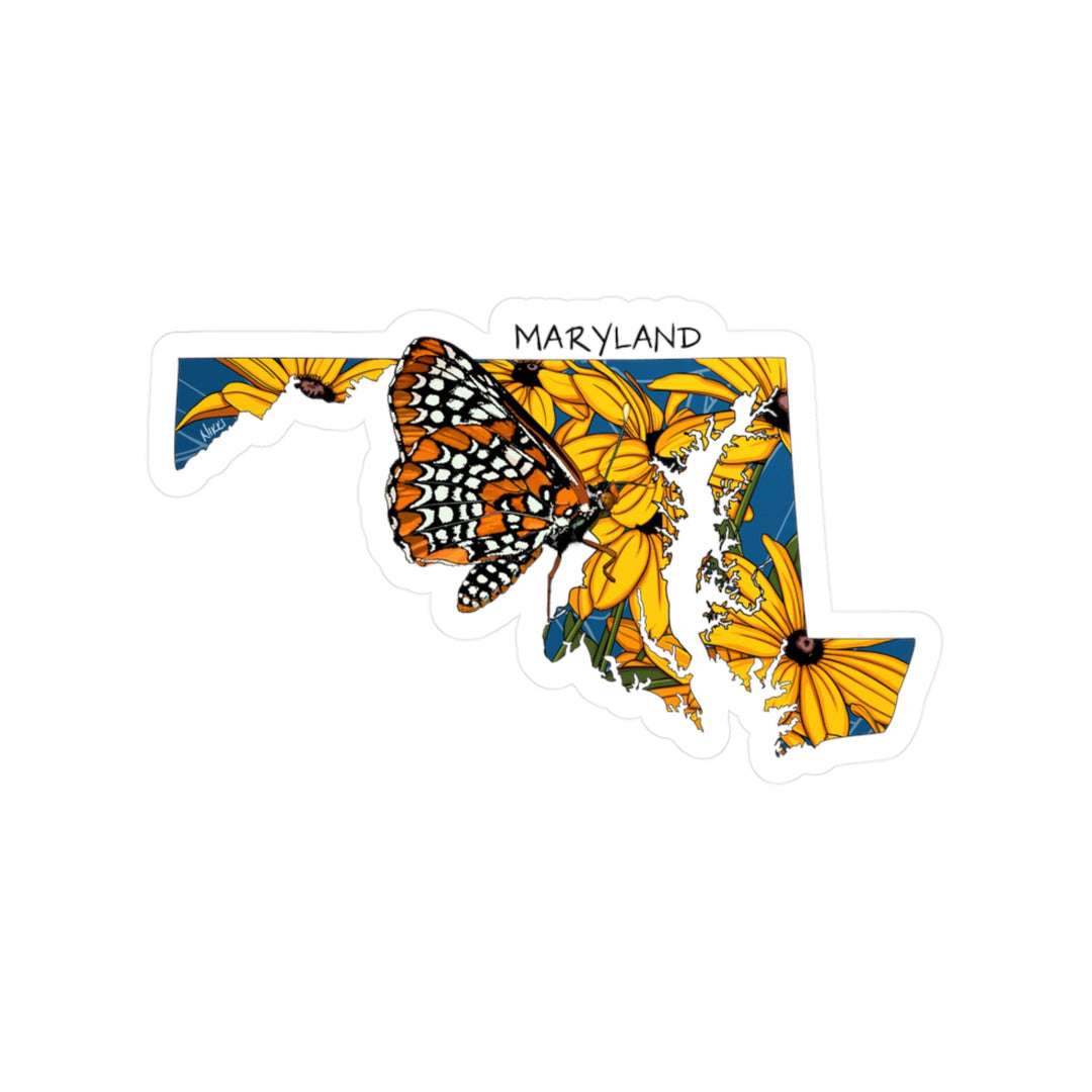 Sticker of Maryland with yellow flowers and a butterfly on a white background