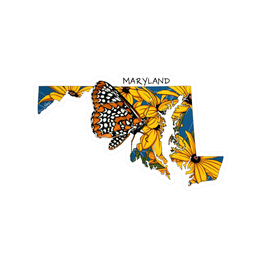 Map of Maryland with sunflowers and a butterfly on a white background