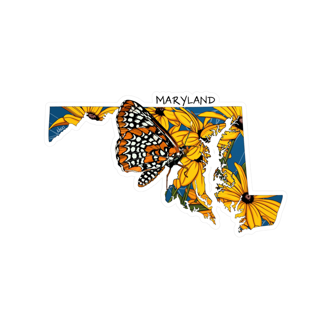 Map of Maryland with yellow flowers and a butterfly on a white background