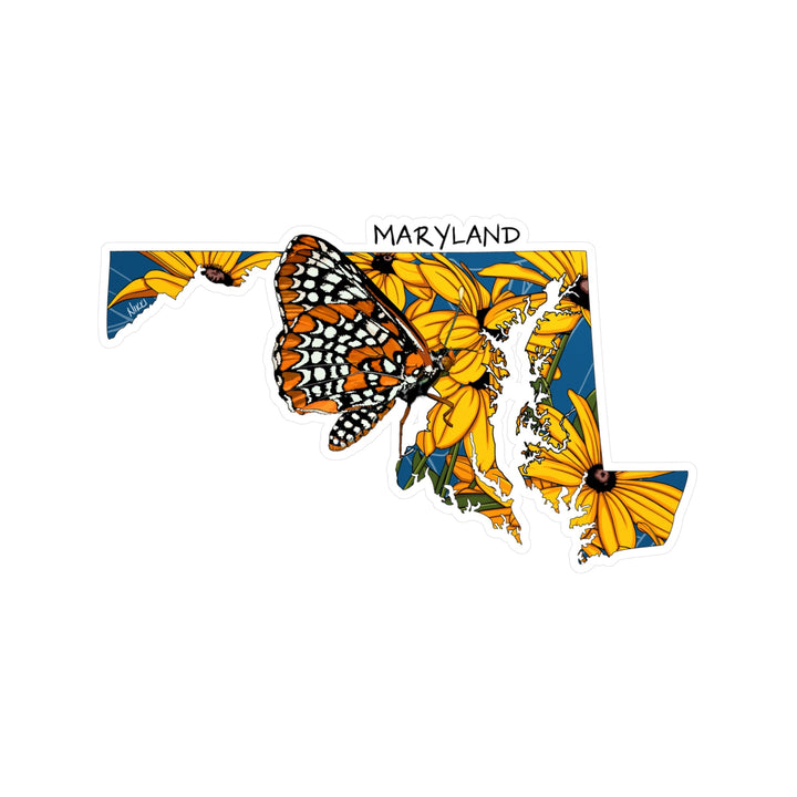 Map of Maryland with sunflowers and a butterfly on a white background