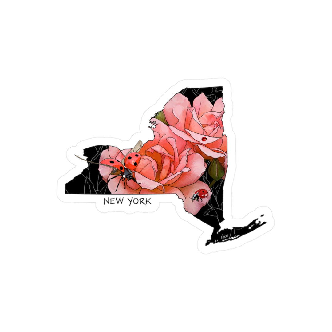 Map of New York state with pink roses and ladybugs on a white background