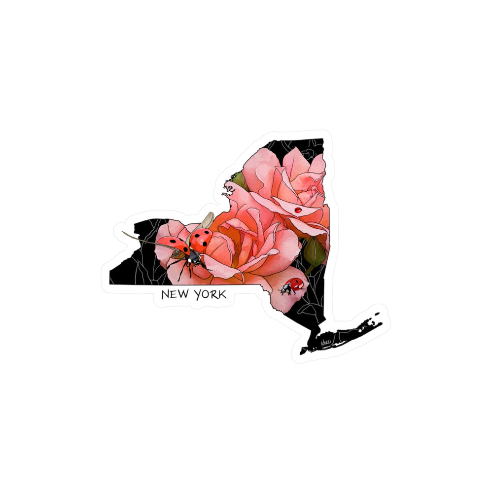 Map of New York state with floral and ladybug design on a white background