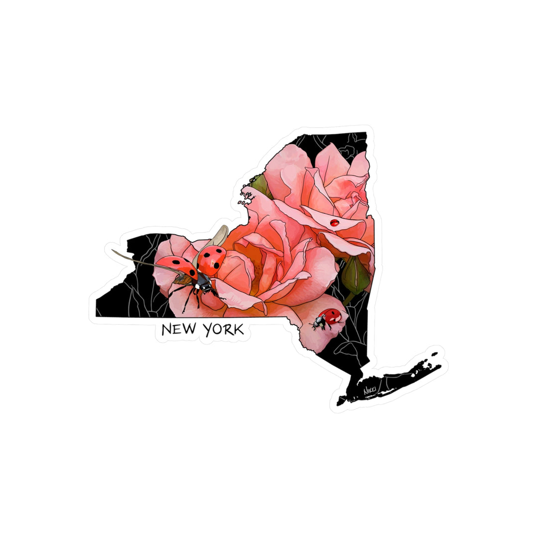 Map of New York state with floral design and ladybugs on a white background