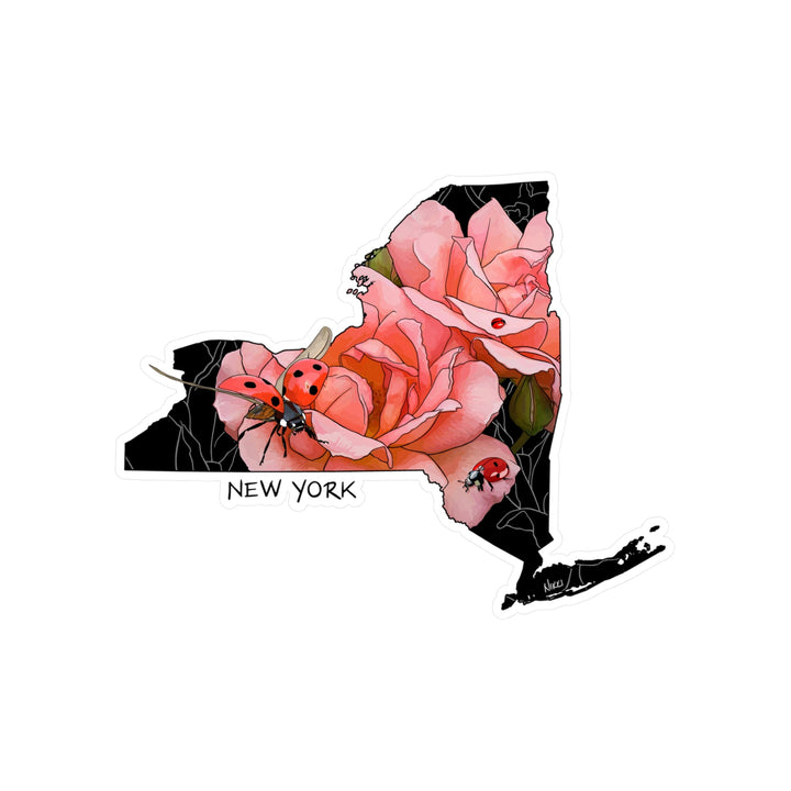 Map of New York state with floral design and ladybugs on a white background