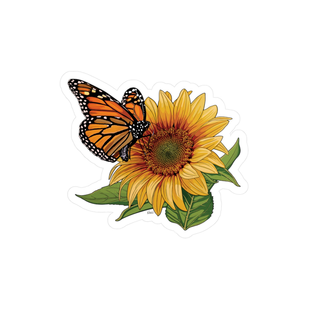 Illustration of a sunflower with a butterfly on a white background