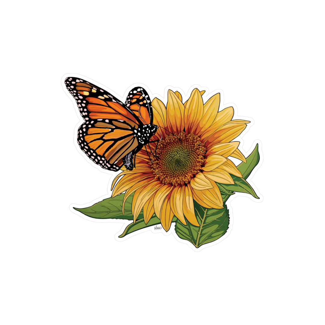Butterfly on a sunflower with green leaves on a white background