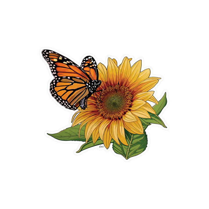 Butterfly on a sunflower with green leaves on a white background