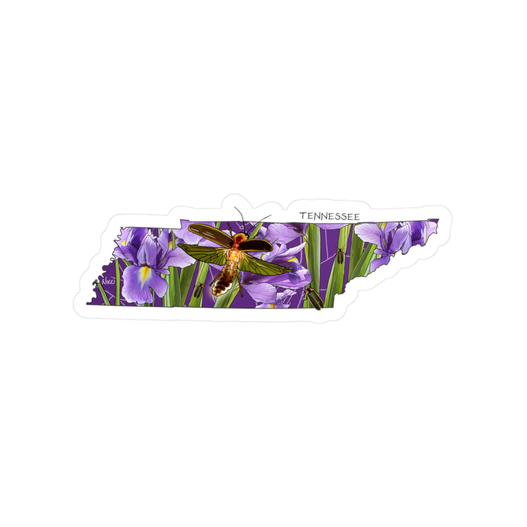 Map of Tennessee with purple iris and a firefly on a purple background